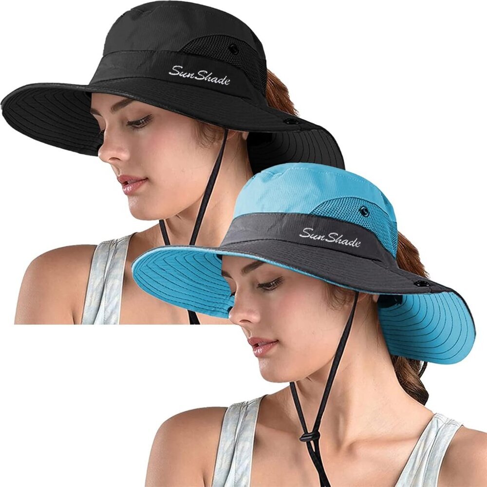 Women's Black & Blue Pack Of 2 Wide Brim Mesh With Chin Strap Classic Cowboy Hat